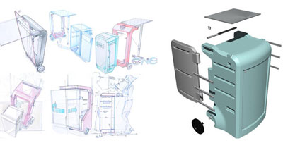 Croquis et modèle 3D de presentoir de stand rotomoulé, conçu par le bureau d'étude technique et ses designers industriels